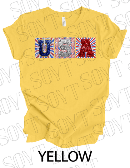 USA Glitter Block T-Shirt – Bella+Canvas Patriotic Squares Tee - Festive Apparel StoreYellow