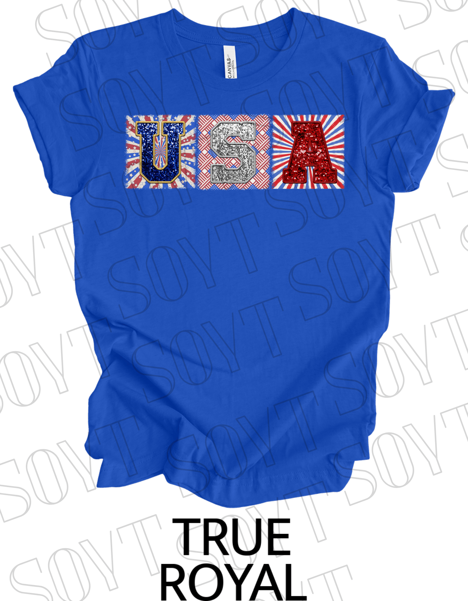 USA Glitter Block T-Shirt – Bella+Canvas Patriotic Squares Tee - Festive Apparel StoreRoyal Blue
