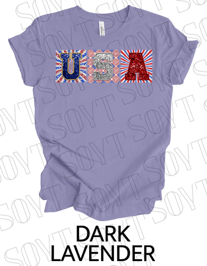 USA Glitter Block T-Shirt – Bella+Canvas Patriotic Squares Tee - Festive Apparel StoreDark Lavender