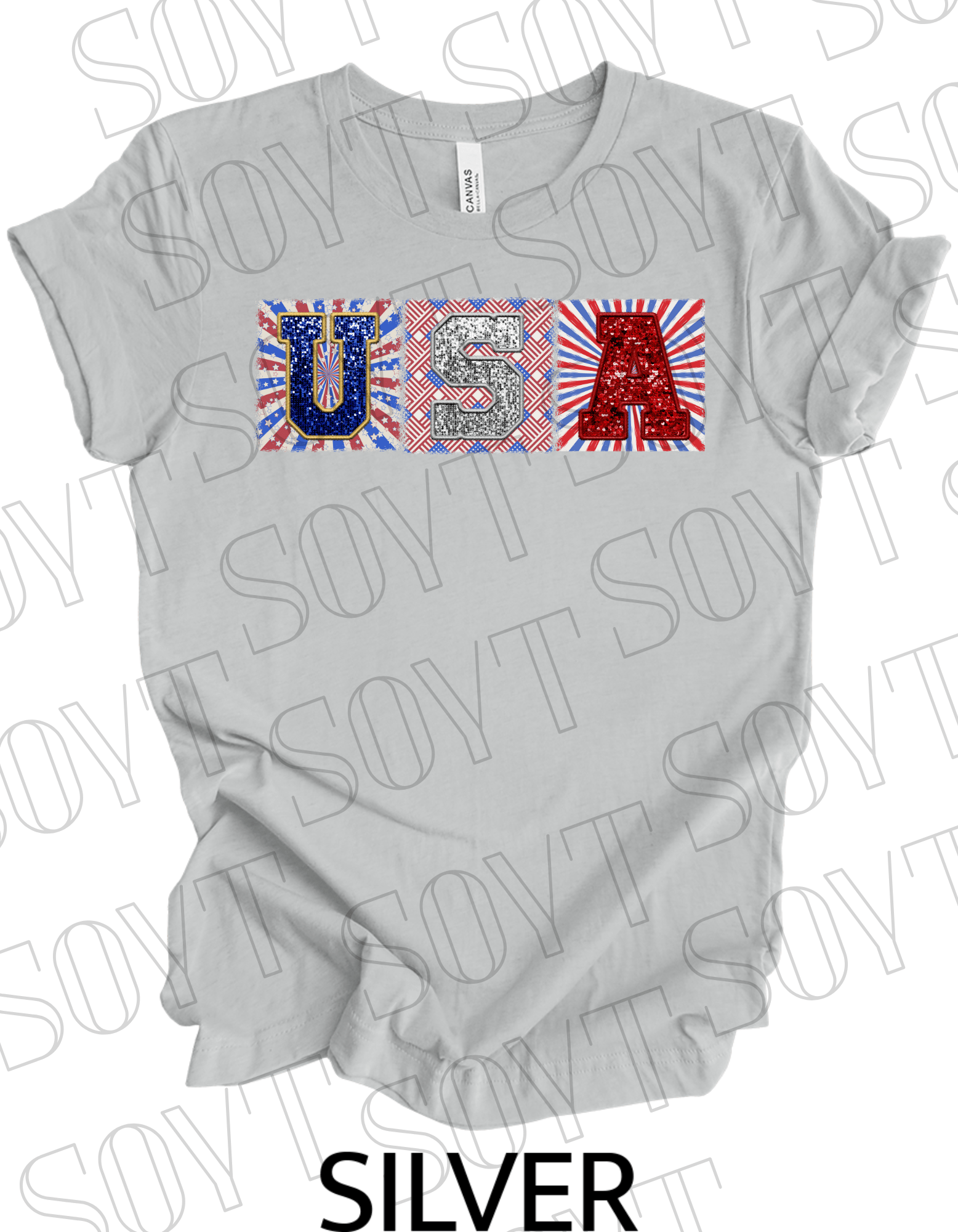 USA Glitter Block T-Shirt – Bella+Canvas Patriotic Squares Tee - Festive Apparel StoreSilver