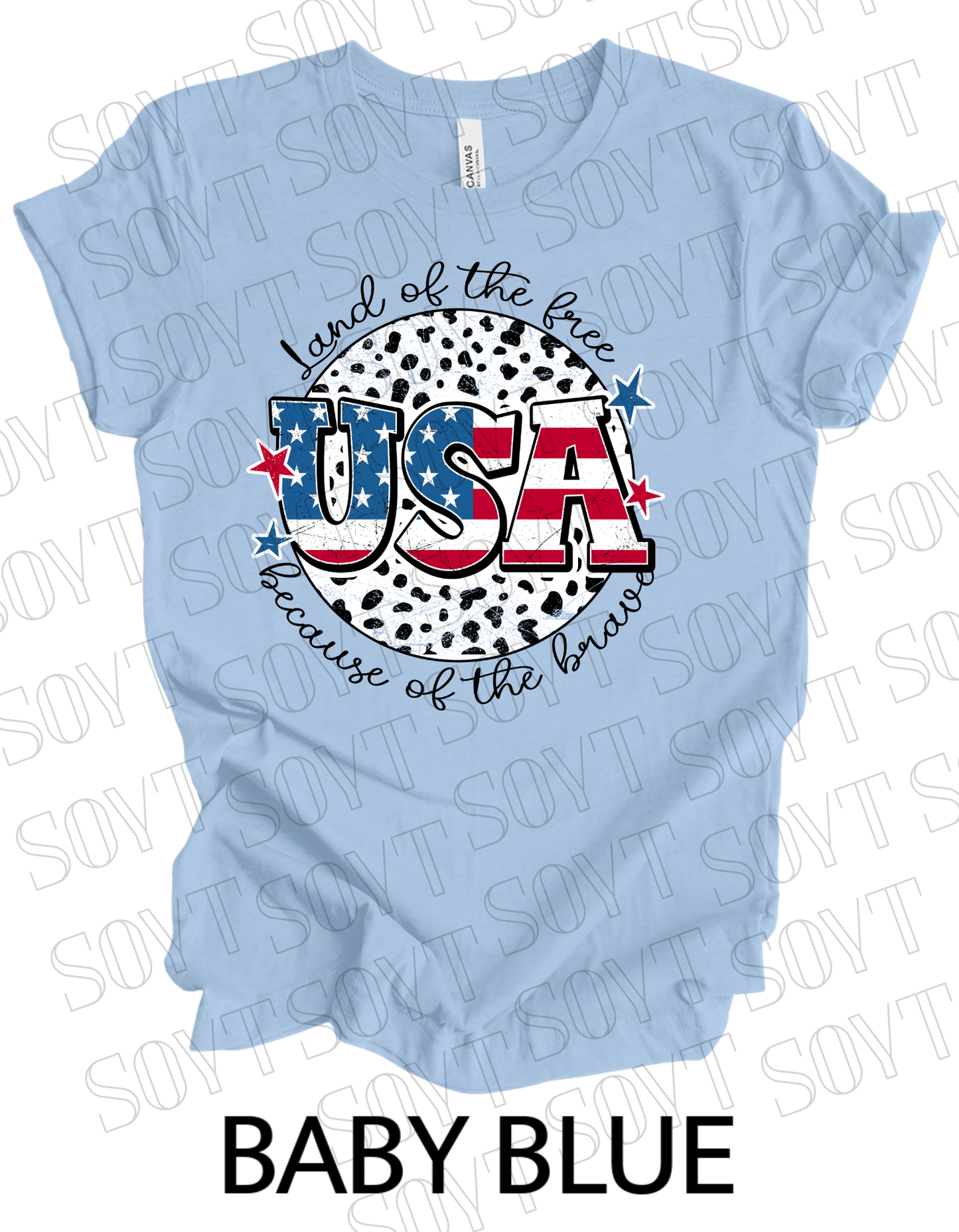 USA Land of the Free T-Shirt – Because of the Brave Patriotic Leopard Print Tee | Made in USA - Festive Apparel StoreBaby Blue