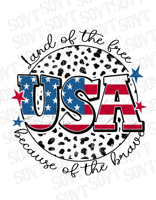 USA Land of the Free T-Shirt – Because of the Brave Patriotic Leopard Print Tee | Made in USA - Festive Apparel StoreWhite