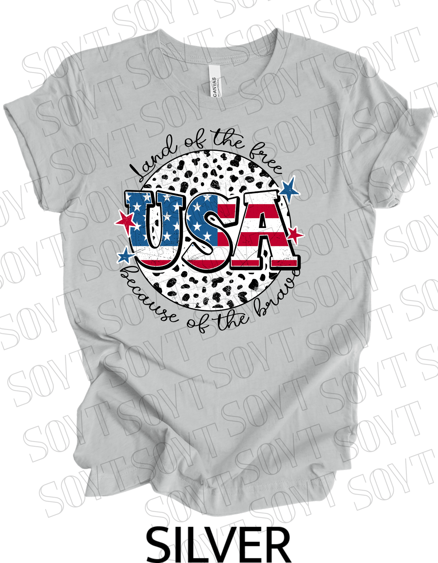 USA Land of the Free T-Shirt – Because of the Brave Patriotic Leopard Print Tee | Made in USA - Festive Apparel StoreSilver