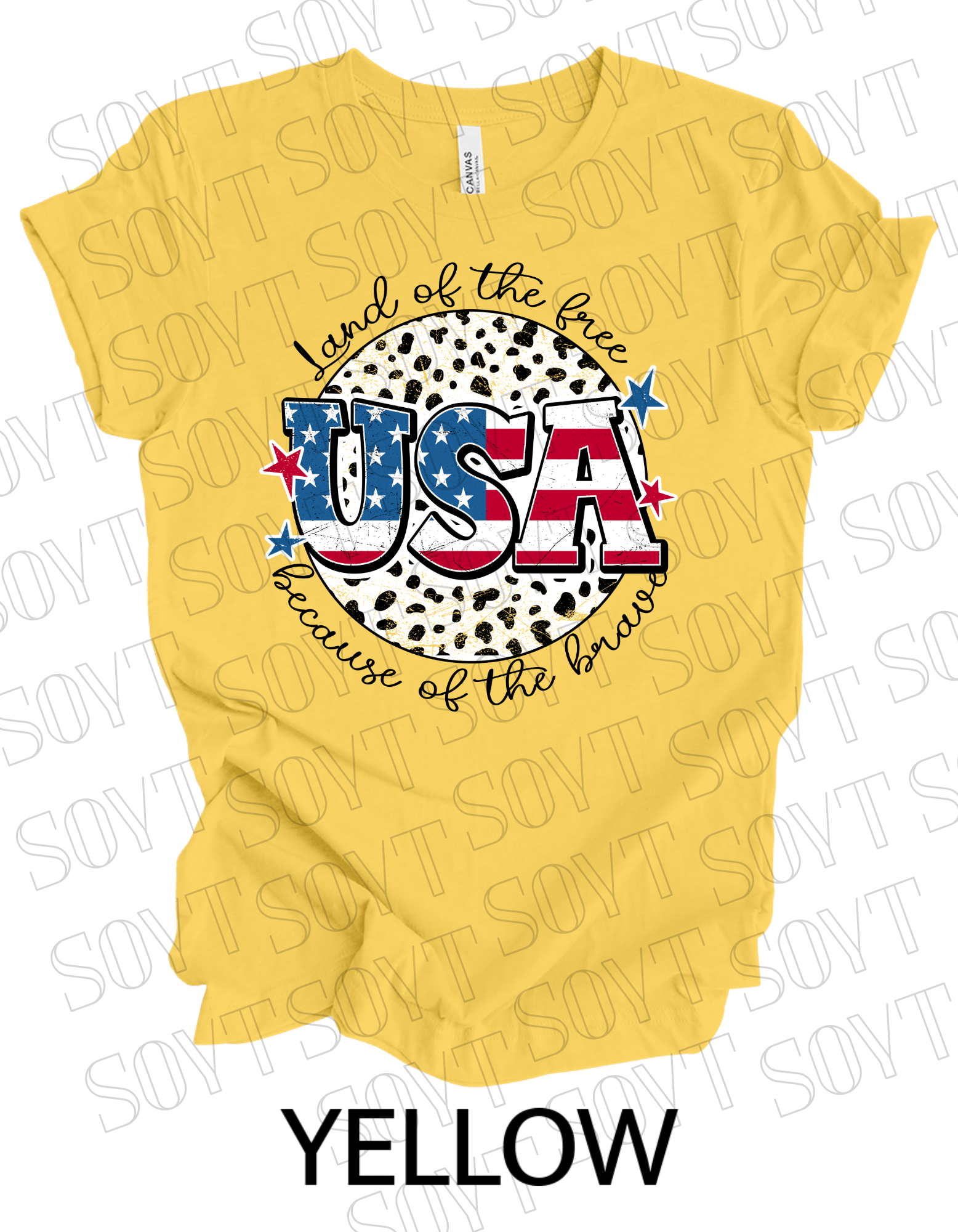 USA Land of the Free T-Shirt – Because of the Brave Patriotic Leopard Print Tee | Made in USA - Festive Apparel StoreYellow