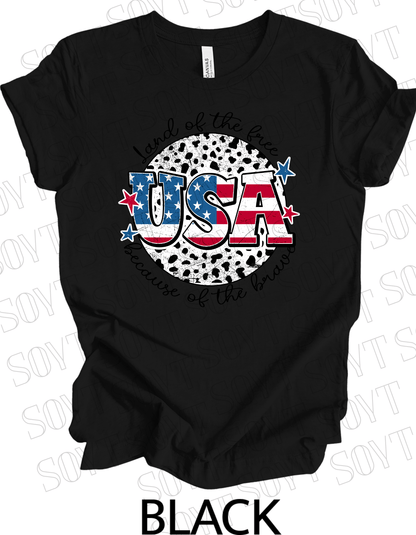 USA Land of the Free T-Shirt – Because of the Brave Patriotic Leopard Print Tee | Made in USA - Festive Apparel StoreBlack