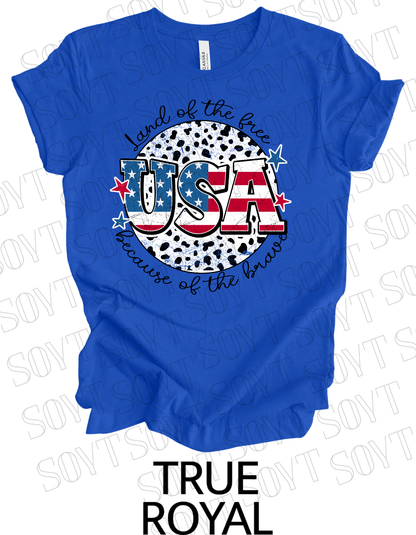 USA Land of the Free T-Shirt – Because of the Brave Patriotic Leopard Print Tee | Made in USA - Festive Apparel StoreRoyal Blue