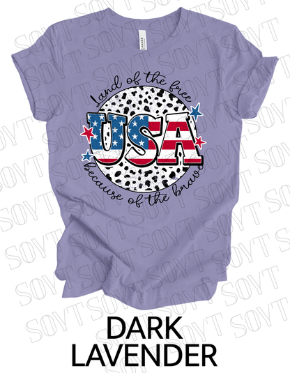 USA Land of the Free T-Shirt – Because of the Brave Patriotic Leopard Print Tee | Made in USA - Festive Apparel StoreDark Lavender