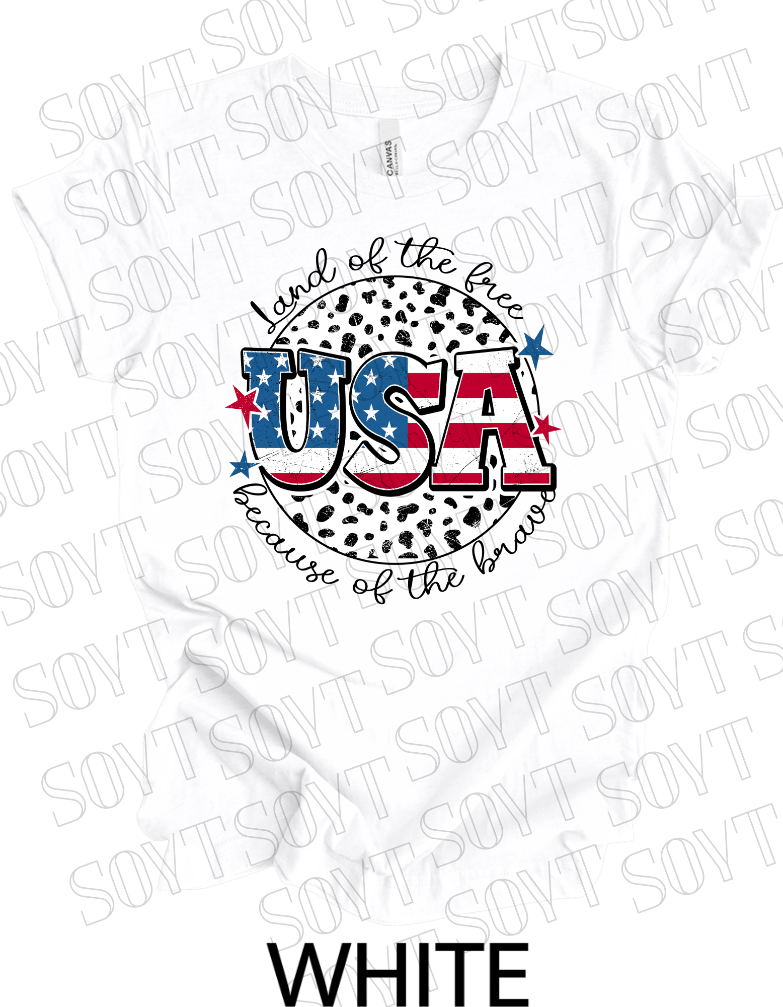USA Land of the Free T-Shirt – Because of the Brave Patriotic Leopard Print Tee | Made in USA - Festive Apparel StoreWhite