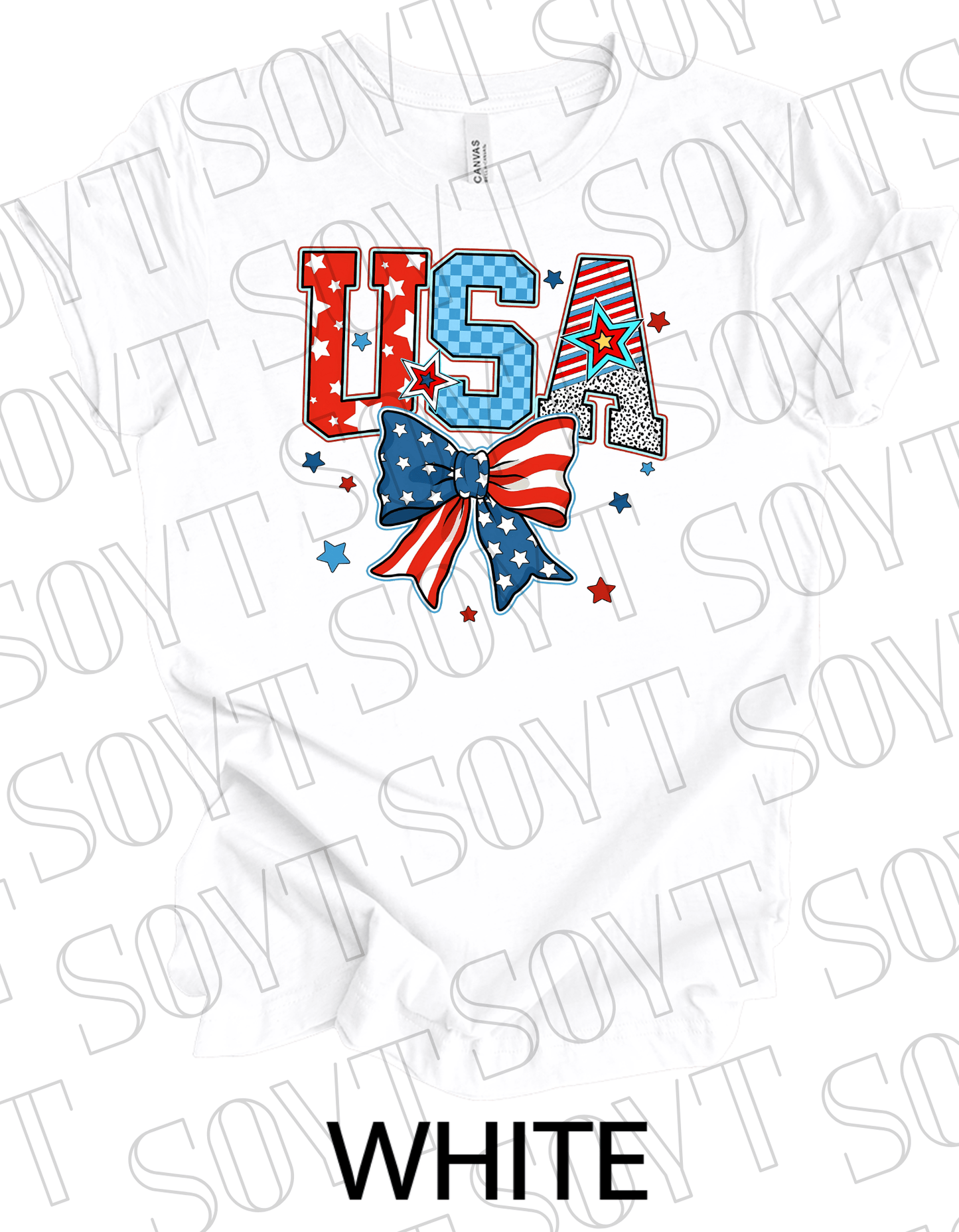 USA Patch Letter T-Shirt – Bella+Canvas Patriotic Bow Graphic Tee - Festive Apparel StoreWhite