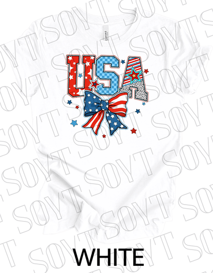 USA Patch Letter T-Shirt – Bella+Canvas Patriotic Bow Graphic Tee - Festive Apparel StoreWhite