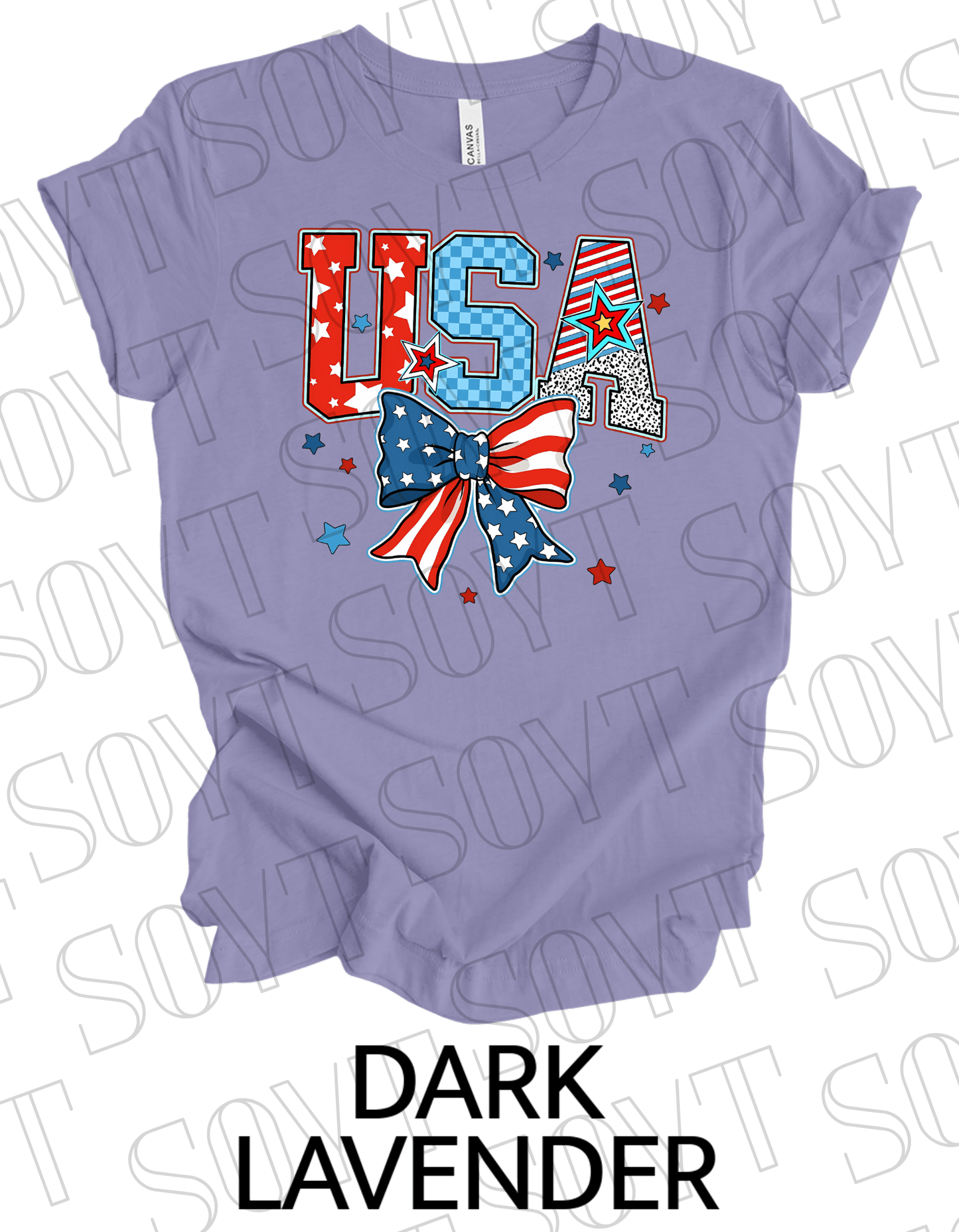 USA Patch Letter T-Shirt – Bella+Canvas Patriotic Bow Graphic Tee - Festive Apparel StoreDark Lavender