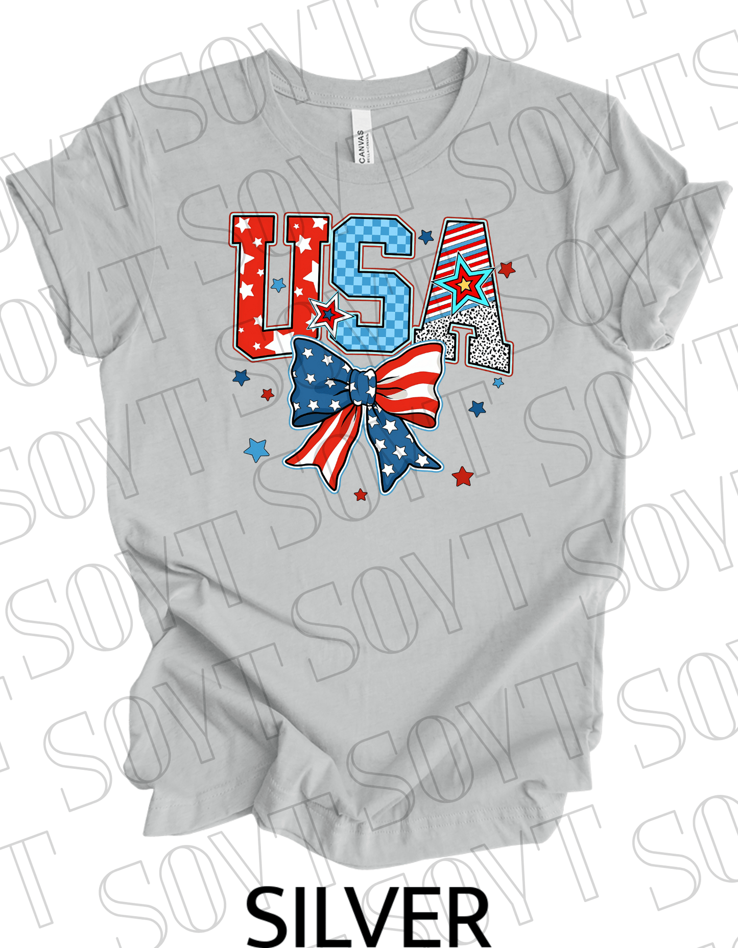 USA Patch Letter T-Shirt – Bella+Canvas Patriotic Bow Graphic Tee - Festive Apparel StoreSilver