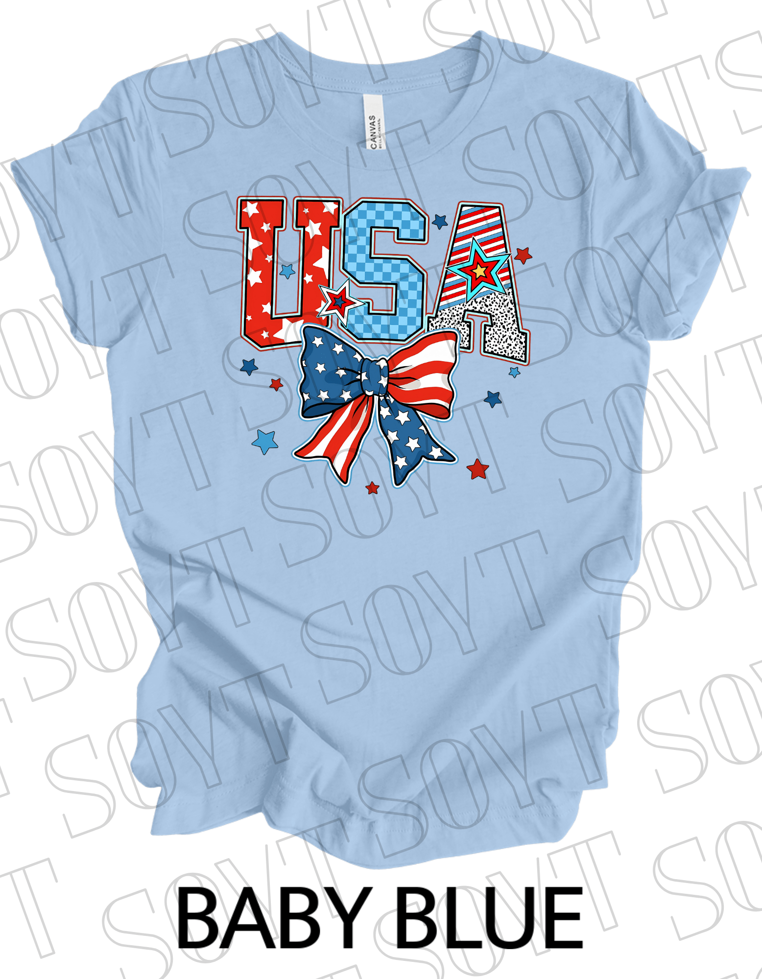 USA Patch Letter T-Shirt – Bella+Canvas Patriotic Bow Graphic Tee - Festive Apparel StoreBaby Blue