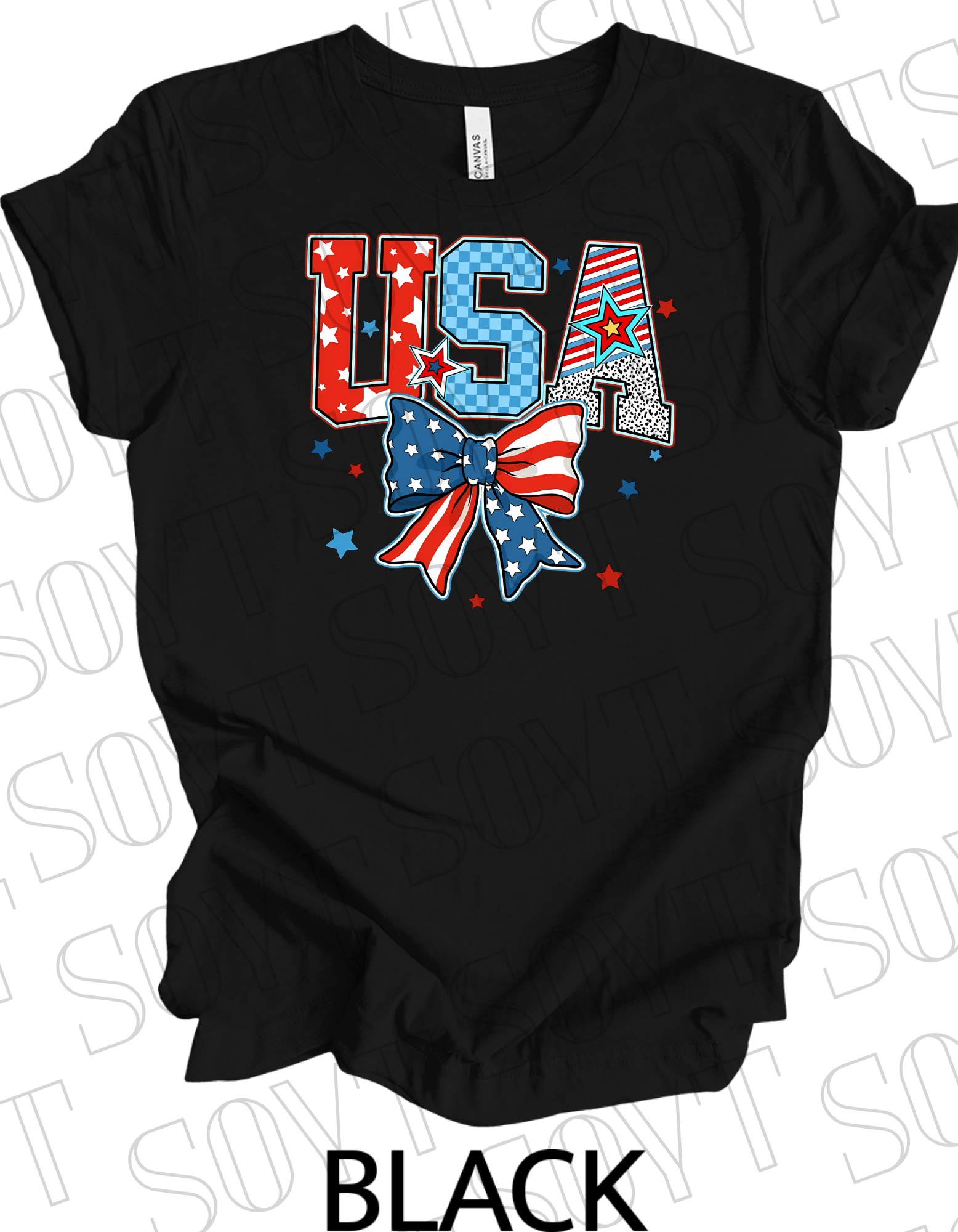 USA Patch Letter T-Shirt – Bella+Canvas Patriotic Bow Graphic Tee - Festive Apparel StoreBlack