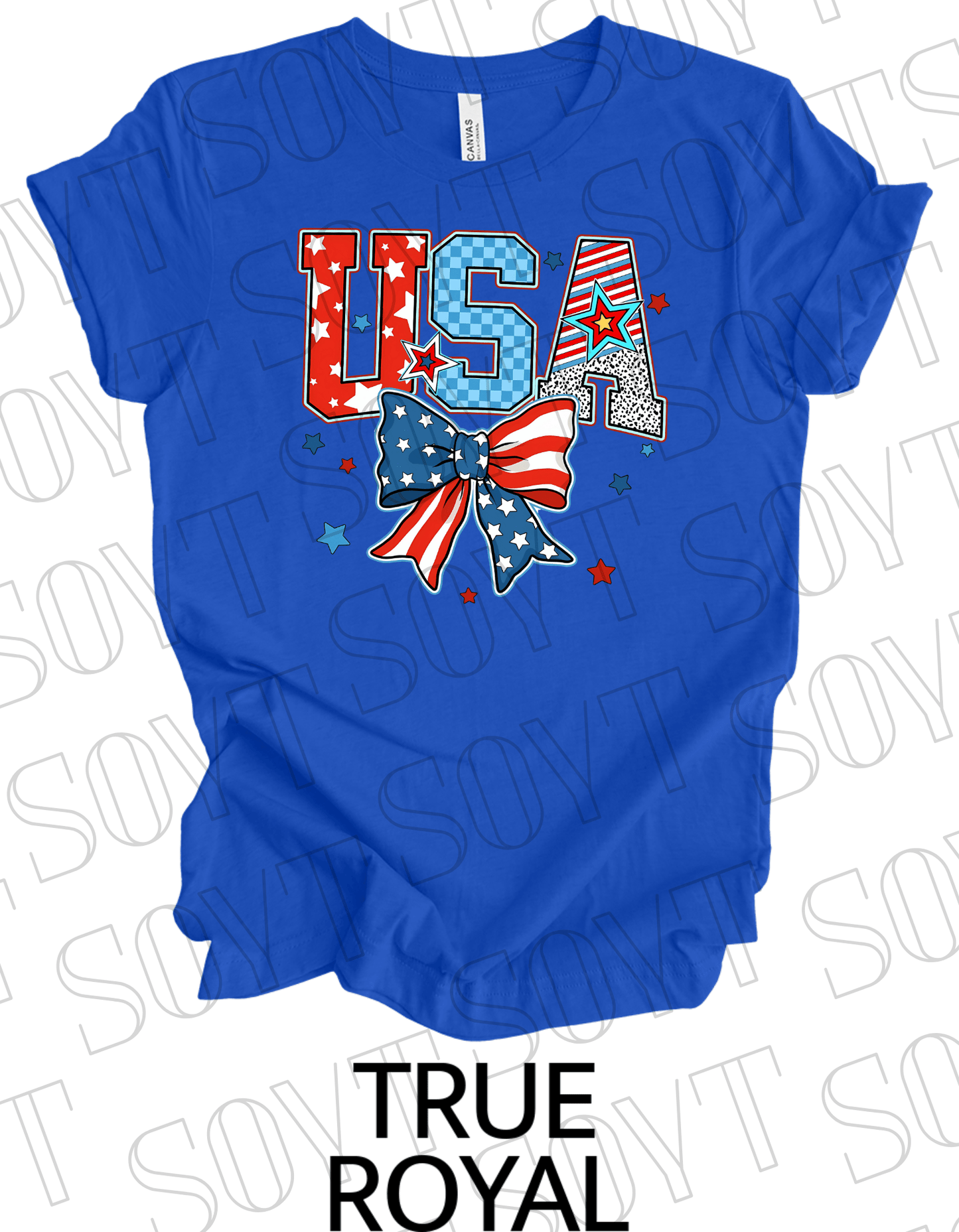 USA Patch Letter T-Shirt – Bella+Canvas Patriotic Bow Graphic Tee - Festive Apparel StoreRoyal Blue