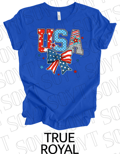 USA Patch Letter T-Shirt – Bella+Canvas Patriotic Bow Graphic Tee - Festive Apparel StoreRoyal Blue