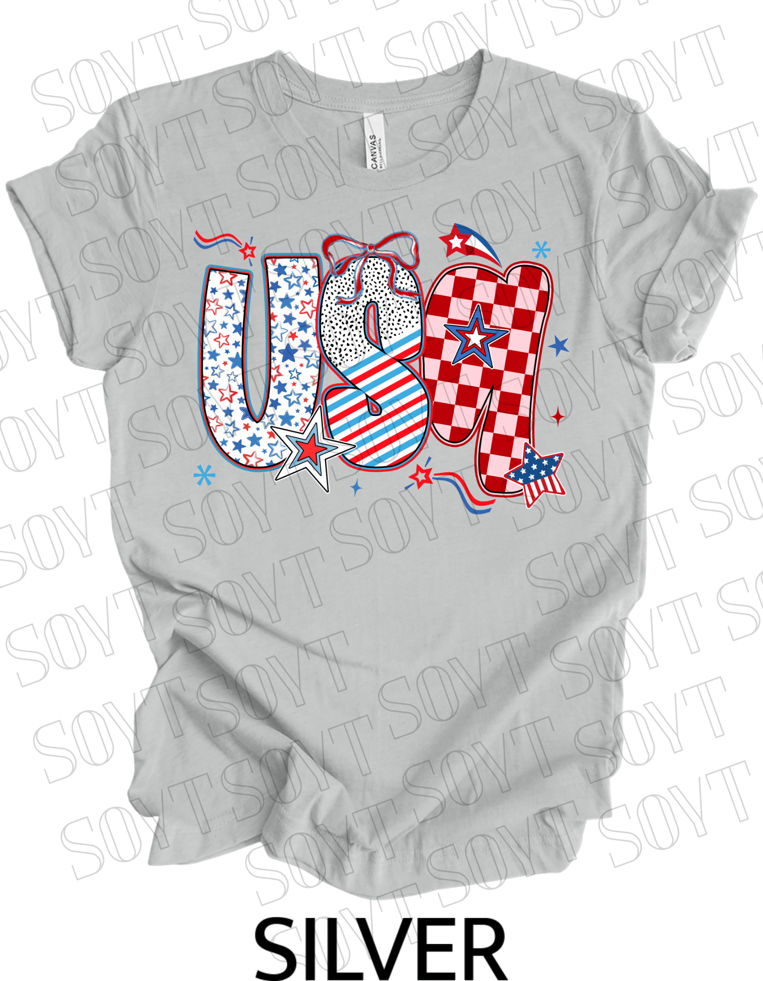 USA Pattern Mix T-Shirt – Bella+Canvas Bold Patriotic Graphic Tee - Festive Apparel StoreSilver