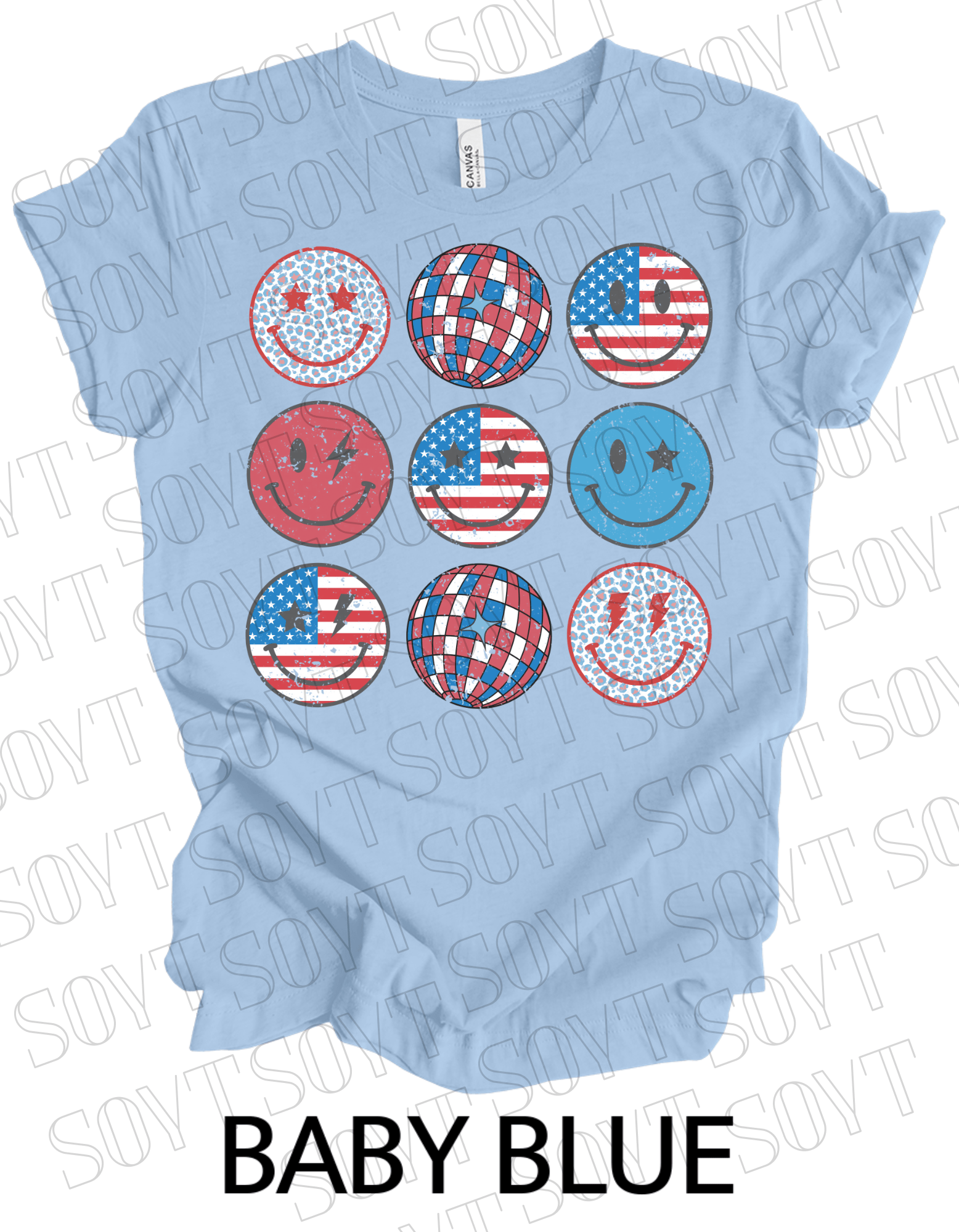 USA Smiley Face Tee – Retro Patriotic 4th of July Graphic Shirt | Leopard & Flag Disco Vibes - Festive Apparel StoreBaby Blue