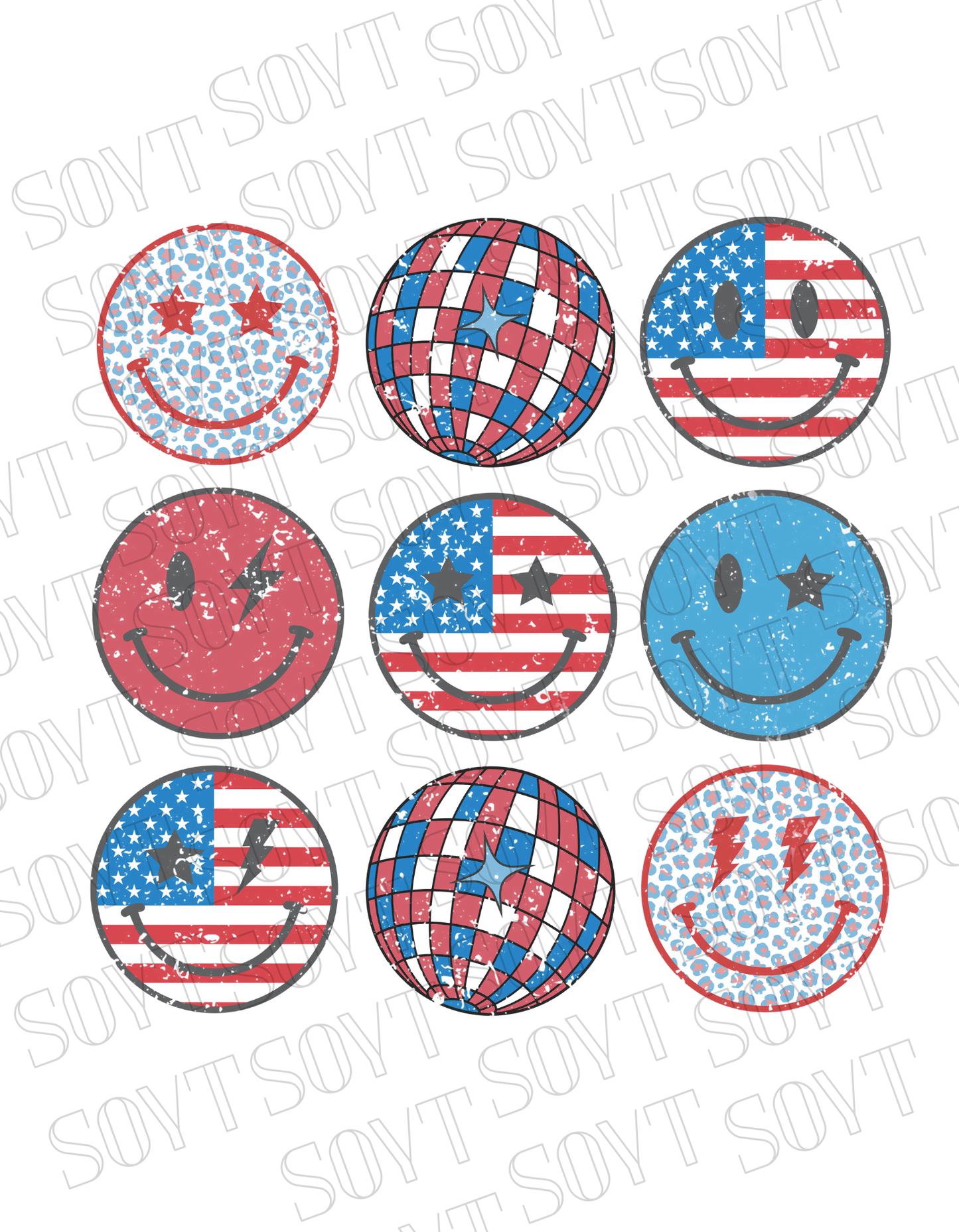USA Smiley Face Tee – Retro Patriotic 4th of July Graphic Shirt | Leopard & Flag Disco Vibes - Festive Apparel StoreWhite