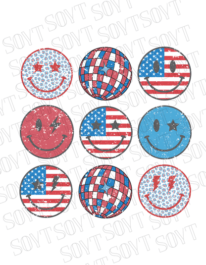 USA Smiley Face Tee – Retro Patriotic 4th of July Graphic Shirt | Leopard & Flag Disco Vibes - Festive Apparel StoreWhite
