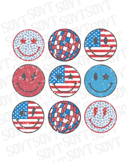 USA Smiley Face Tee – Retro Patriotic 4th of July Graphic Shirt | Leopard & Flag Disco Vibes - Festive Apparel StoreWhite