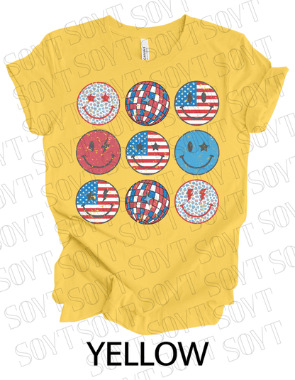 USA Smiley Face Tee – Retro Patriotic 4th of July Graphic Shirt | Leopard & Flag Disco Vibes - Festive Apparel StoreYellow