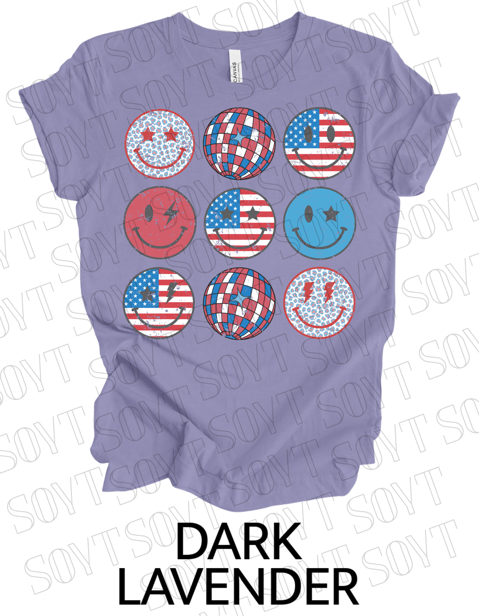 USA Smiley Face Tee – Retro Patriotic 4th of July Graphic Shirt | Leopard & Flag Disco Vibes - Festive Apparel StoreDark Lavender