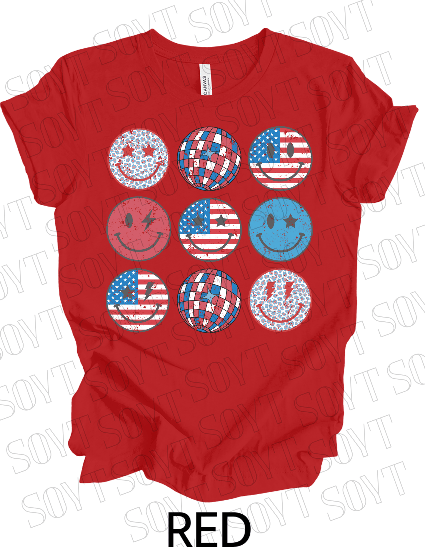USA Smiley Face Tee – Retro Patriotic 4th of July Graphic Shirt | Leopard & Flag Disco Vibes - Festive Apparel StoreRed