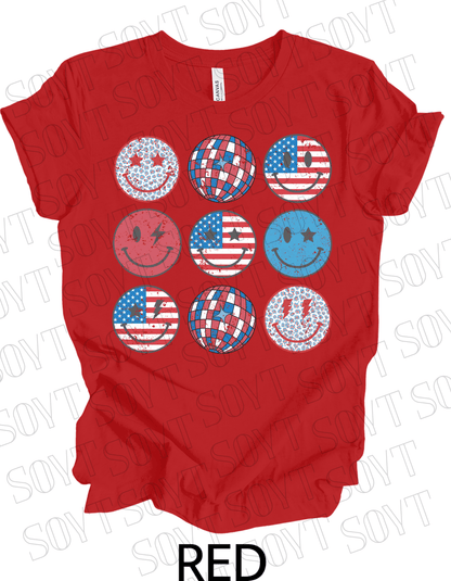 USA Smiley Face Tee – Retro Patriotic 4th of July Graphic Shirt | Leopard & Flag Disco Vibes - Festive Apparel StoreRed
