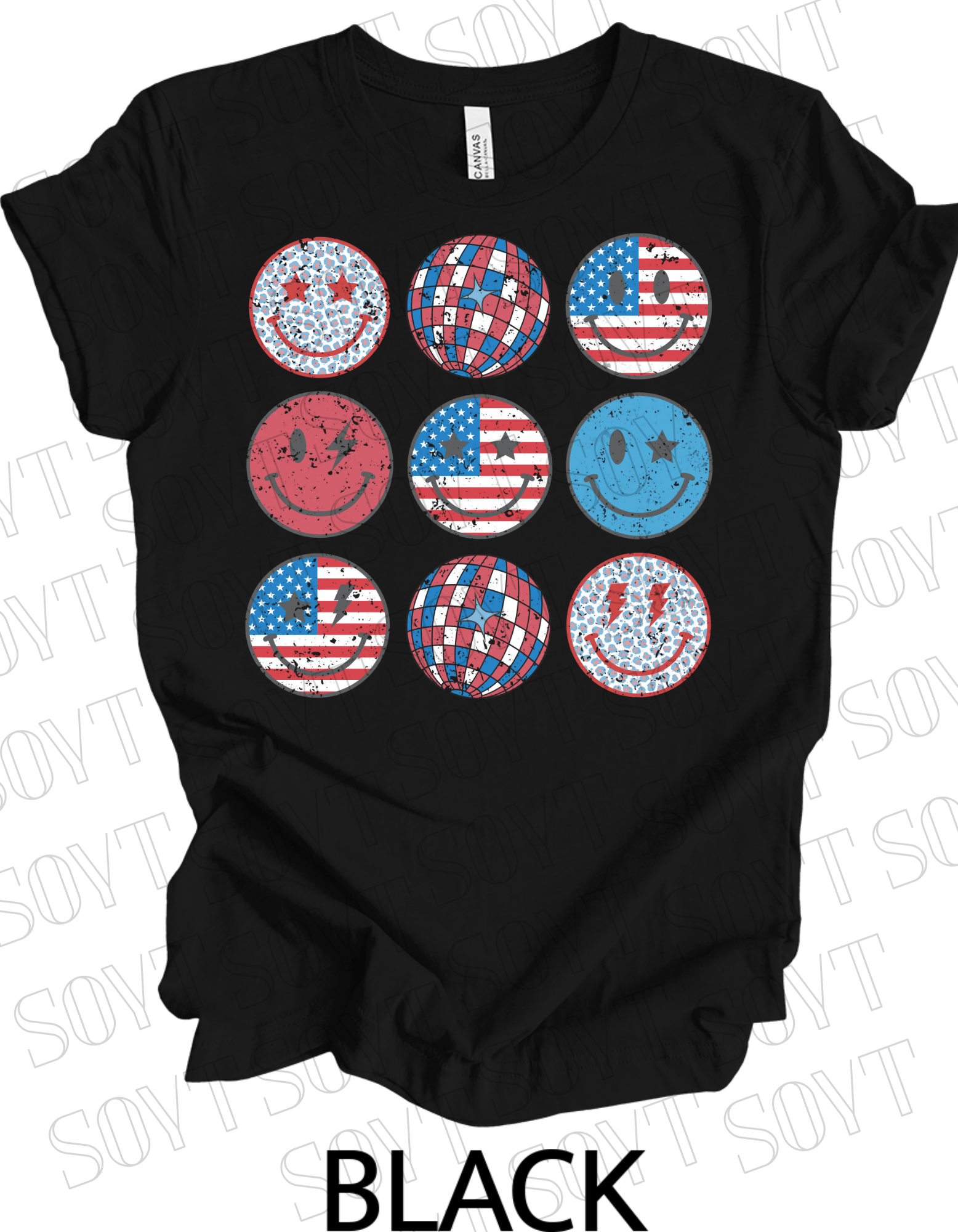 USA Smiley Face Tee – Retro Patriotic 4th of July Graphic Shirt | Leopard & Flag Disco Vibes - Festive Apparel StoreBlack