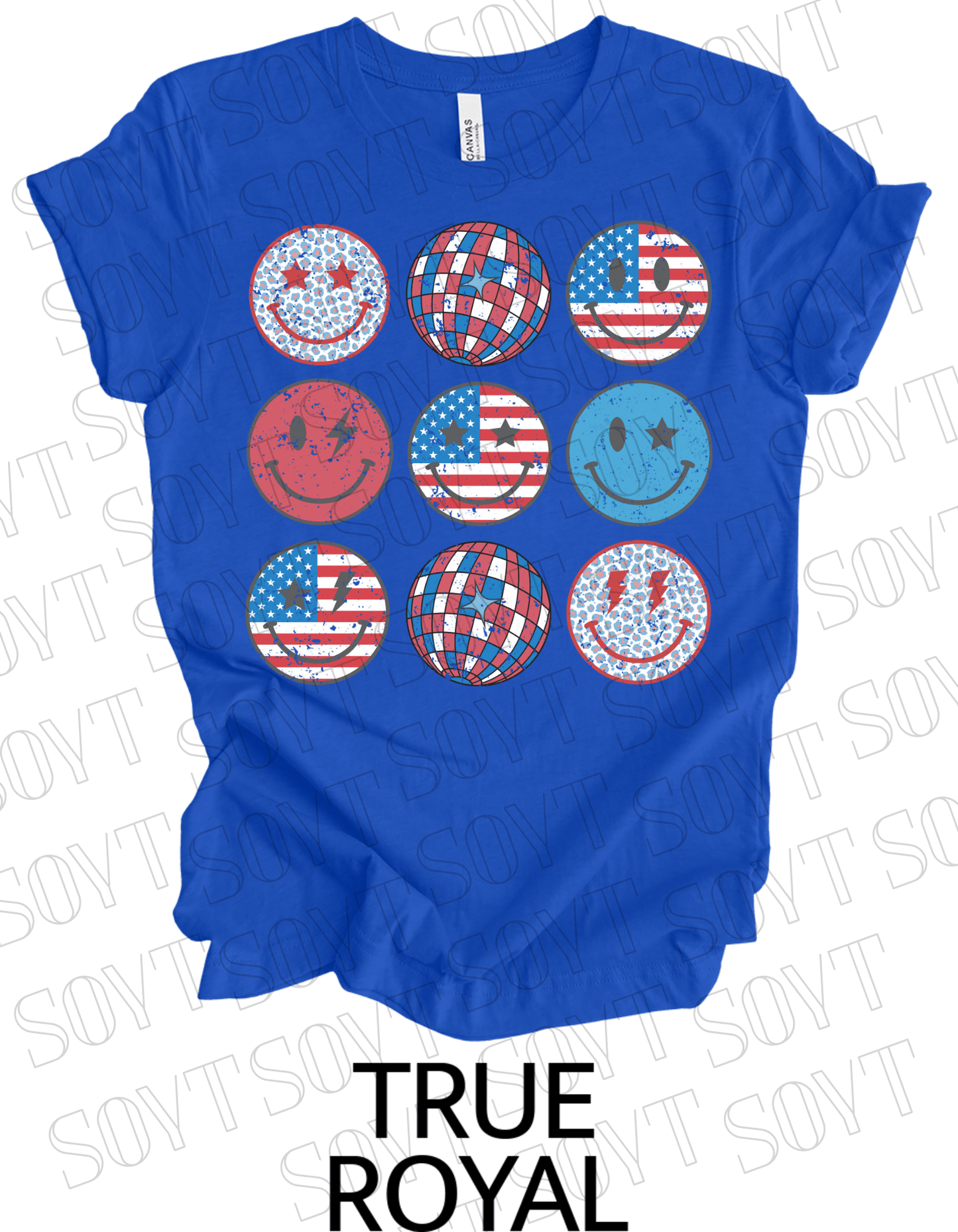 USA Smiley Face Tee – Retro Patriotic 4th of July Graphic Shirt | Leopard & Flag Disco Vibes - Festive Apparel StoreRoyal Blue