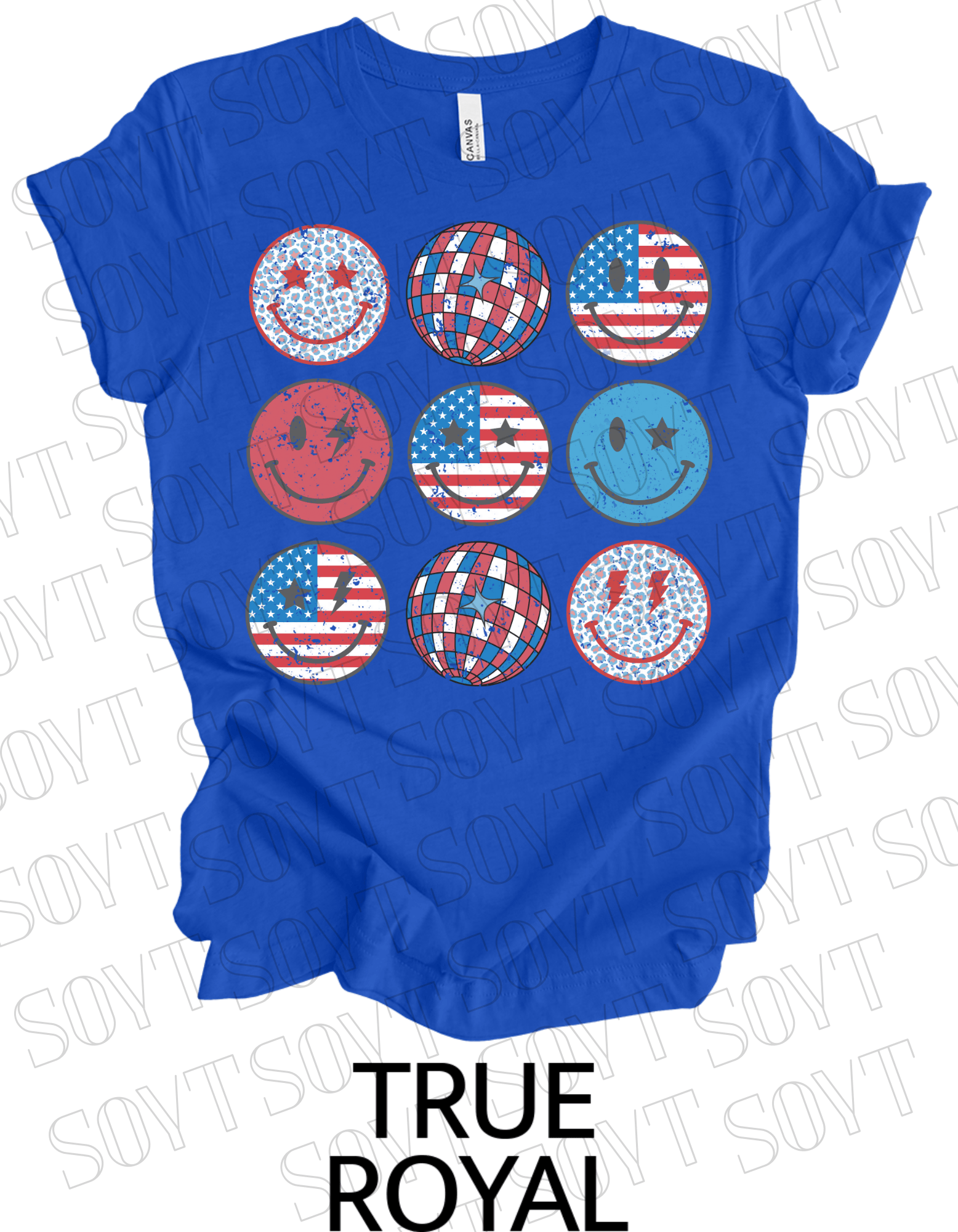 USA Smiley Face Tee – Retro Patriotic 4th of July Graphic Shirt | Leopard & Flag Disco Vibes - Festive Apparel StoreRoyal Blue