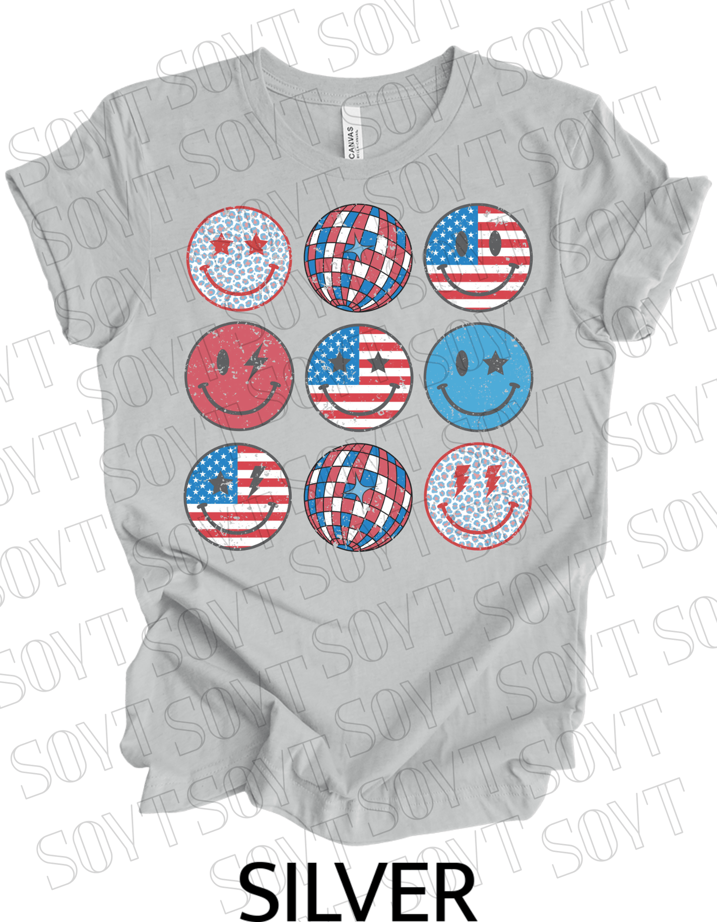 USA Smiley Face Tee – Retro Patriotic 4th of July Graphic Shirt | Leopard & Flag Disco Vibes - Festive Apparel StoreSilver