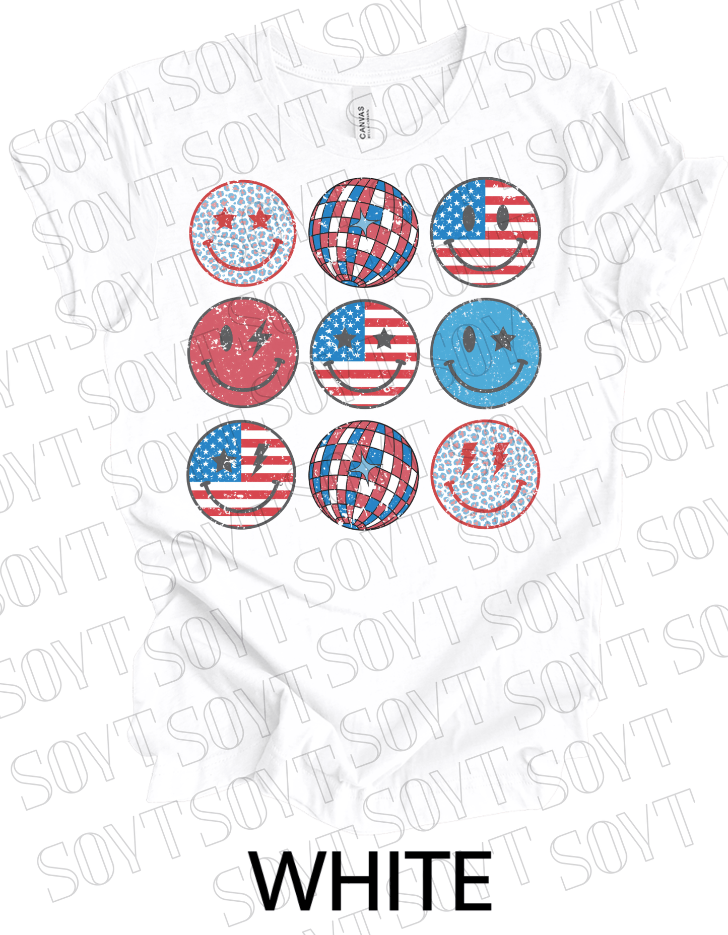 USA Smiley Face Tee – Retro Patriotic 4th of July Graphic Shirt | Leopard & Flag Disco Vibes - Festive Apparel StoreWhite