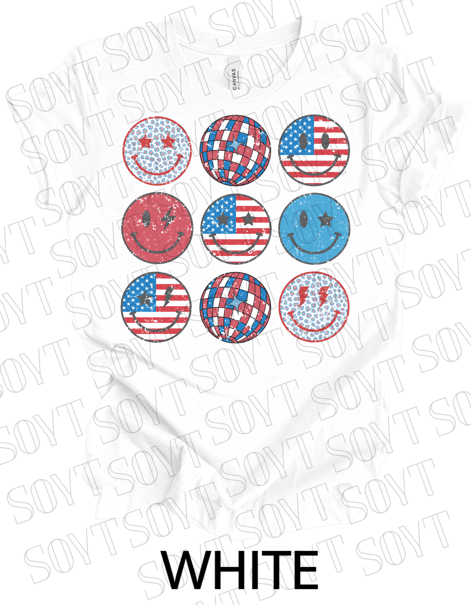 USA Smiley Face Tee – Retro Patriotic 4th of July Graphic Shirt | Leopard & Flag Disco Vibes - Festive Apparel StoreWhite