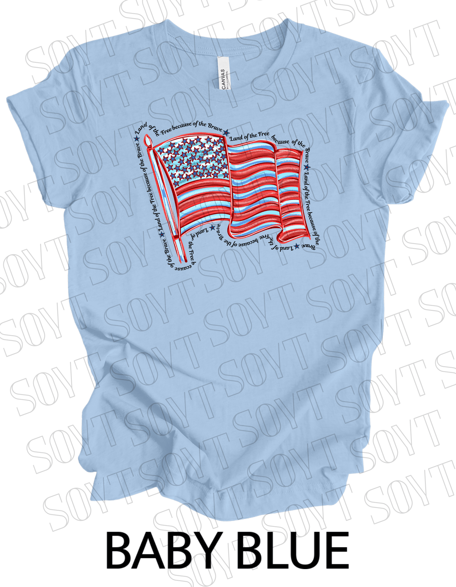 Waving Flag T-Shirt – Land of the Free Because of the Brave USA Tee | Made in USA - Festive Apparel StoreBaby Blue