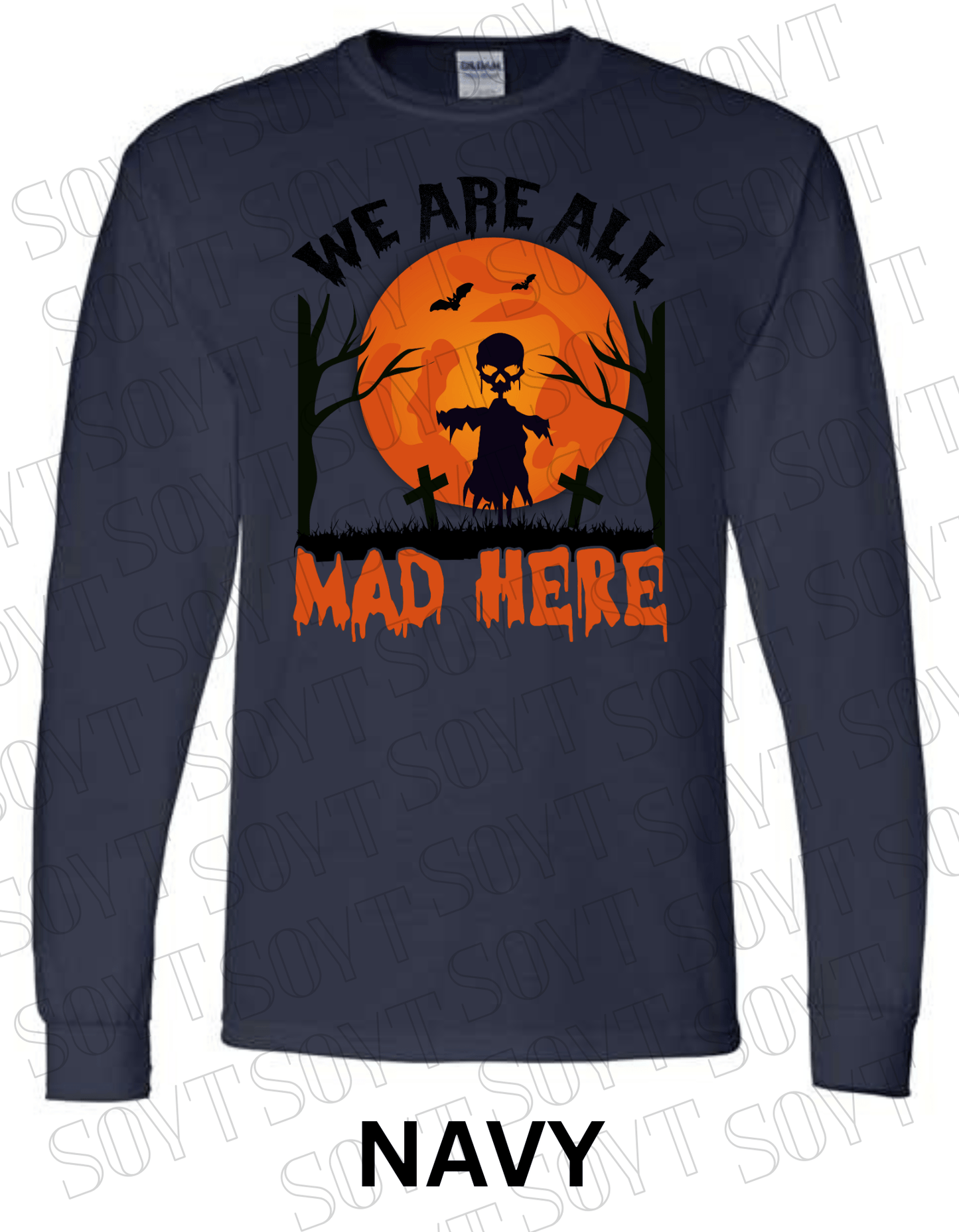 "We Are All Mad Here" Halloween Long Sleeve Shirt – Gothic Scarecrow Skull & Orange Moon Tee - Festive Apparel StoreNavy Blue
