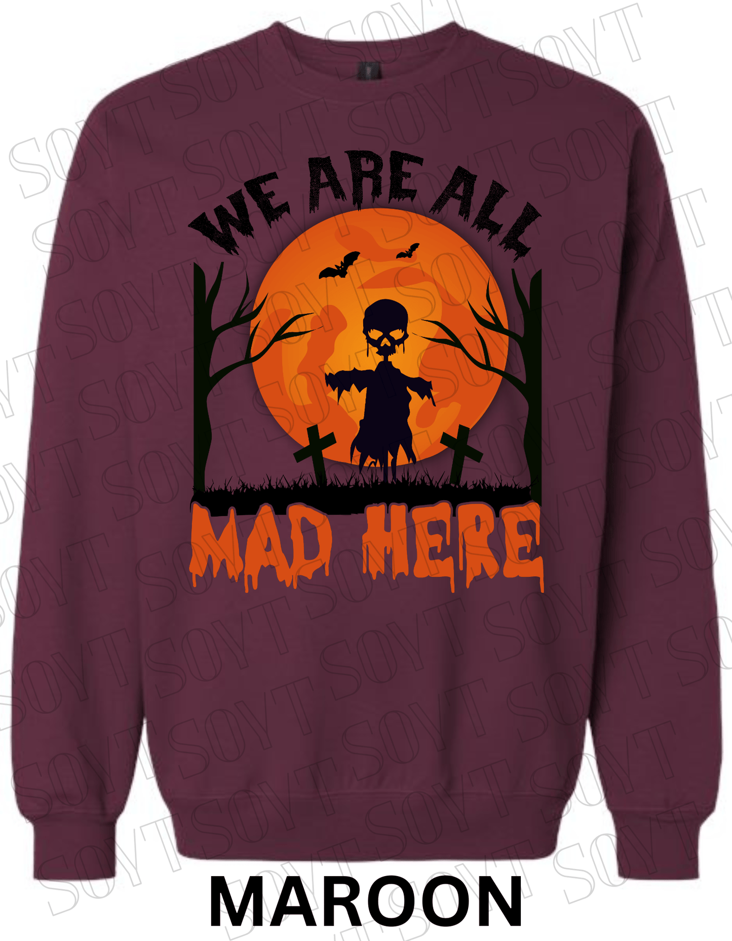 "We Are All Mad Here" Halloween Sweatshirt – Scarecrow Skull & Moon Graphic Pullover - Festive Apparel StoreMaroon