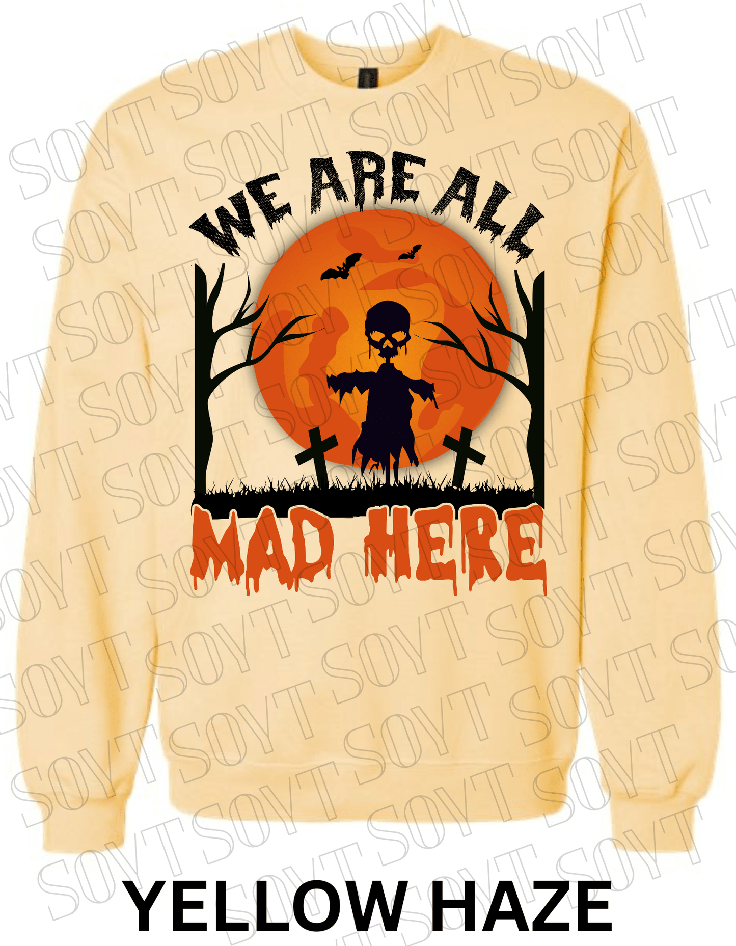 "We Are All Mad Here" Halloween Sweatshirt – Scarecrow Skull & Moon Graphic Pullover - Festive Apparel StoreYellow Haze