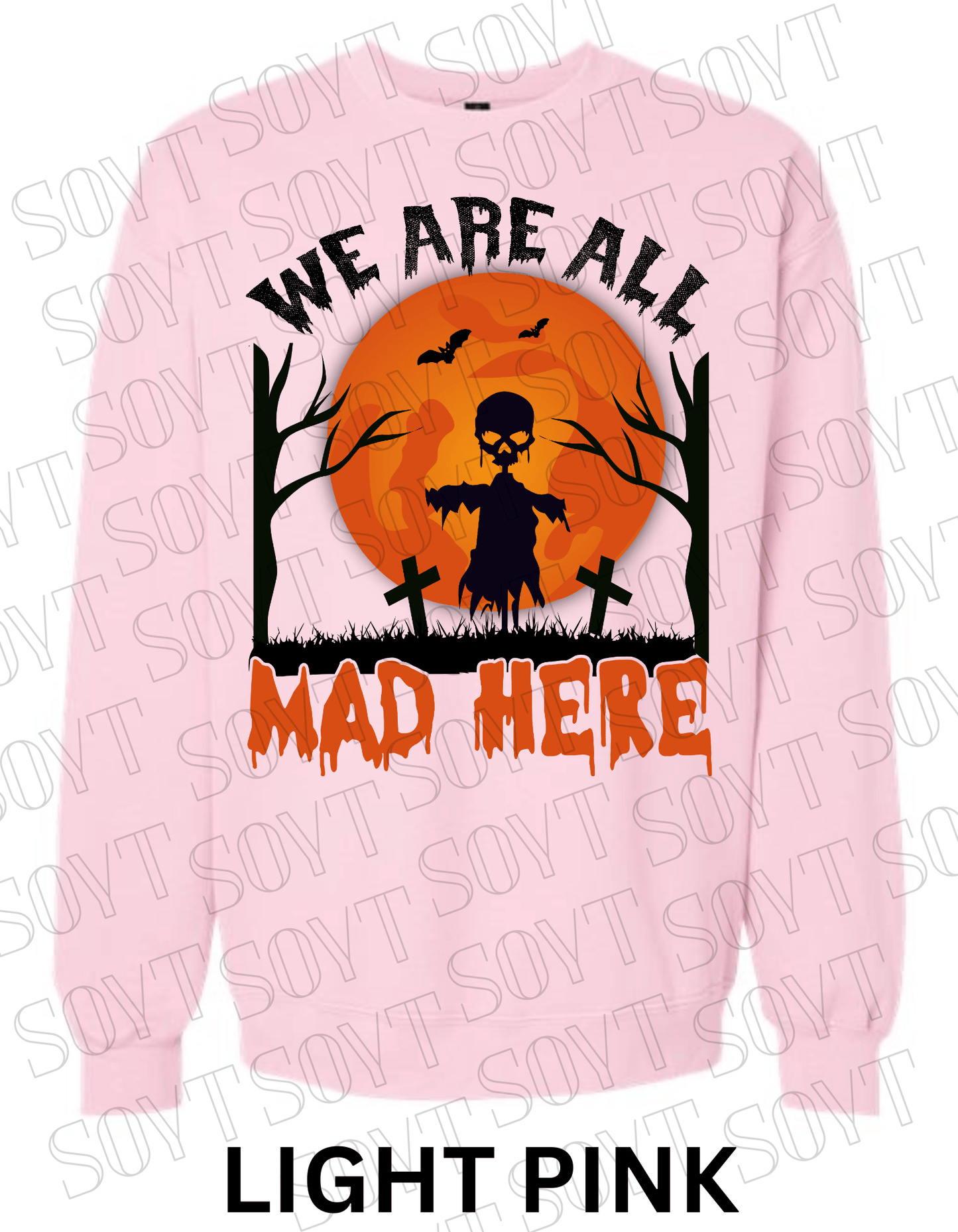 "We Are All Mad Here" Halloween Sweatshirt – Scarecrow Skull & Moon Graphic Pullover - Festive Apparel StoreLight Pink