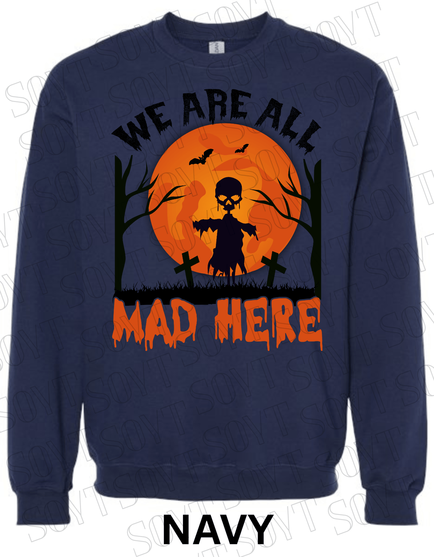 "We Are All Mad Here" Halloween Sweatshirt – Scarecrow Skull & Moon Graphic Pullover - Festive Apparel StoreNavy Blue