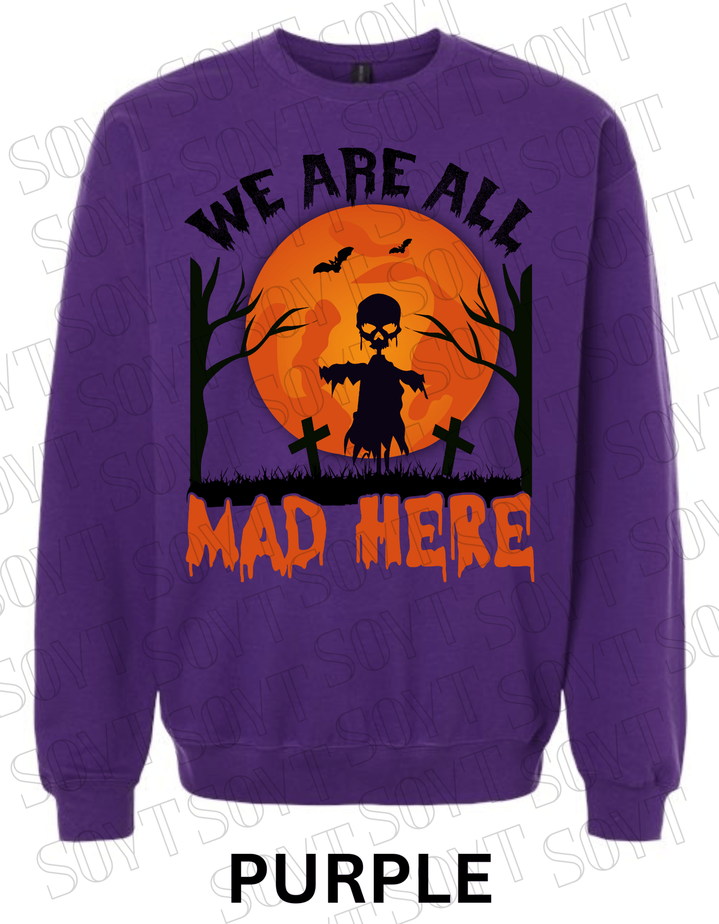 "We Are All Mad Here" Halloween Sweatshirt – Scarecrow Skull & Moon Graphic Pullover - Festive Apparel StorePurple