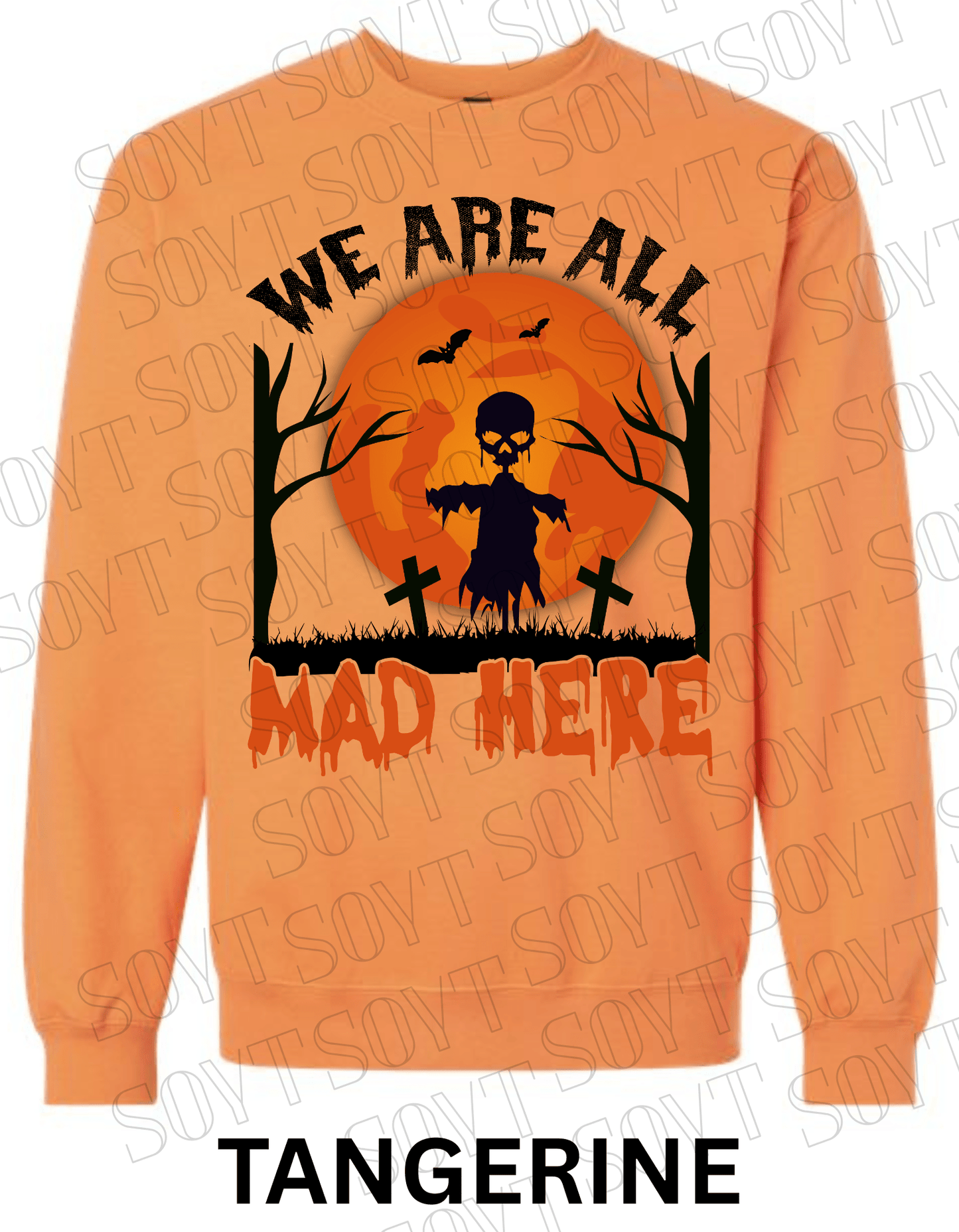 "We Are All Mad Here" Halloween Sweatshirt – Scarecrow Skull & Moon Graphic Pullover - Festive Apparel StoreTangerine