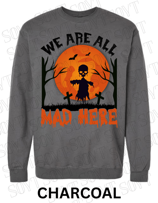 "We Are All Mad Here" Halloween Sweatshirt – Scarecrow Skull & Moon Graphic Pullover - Festive Apparel StoreCharcoal