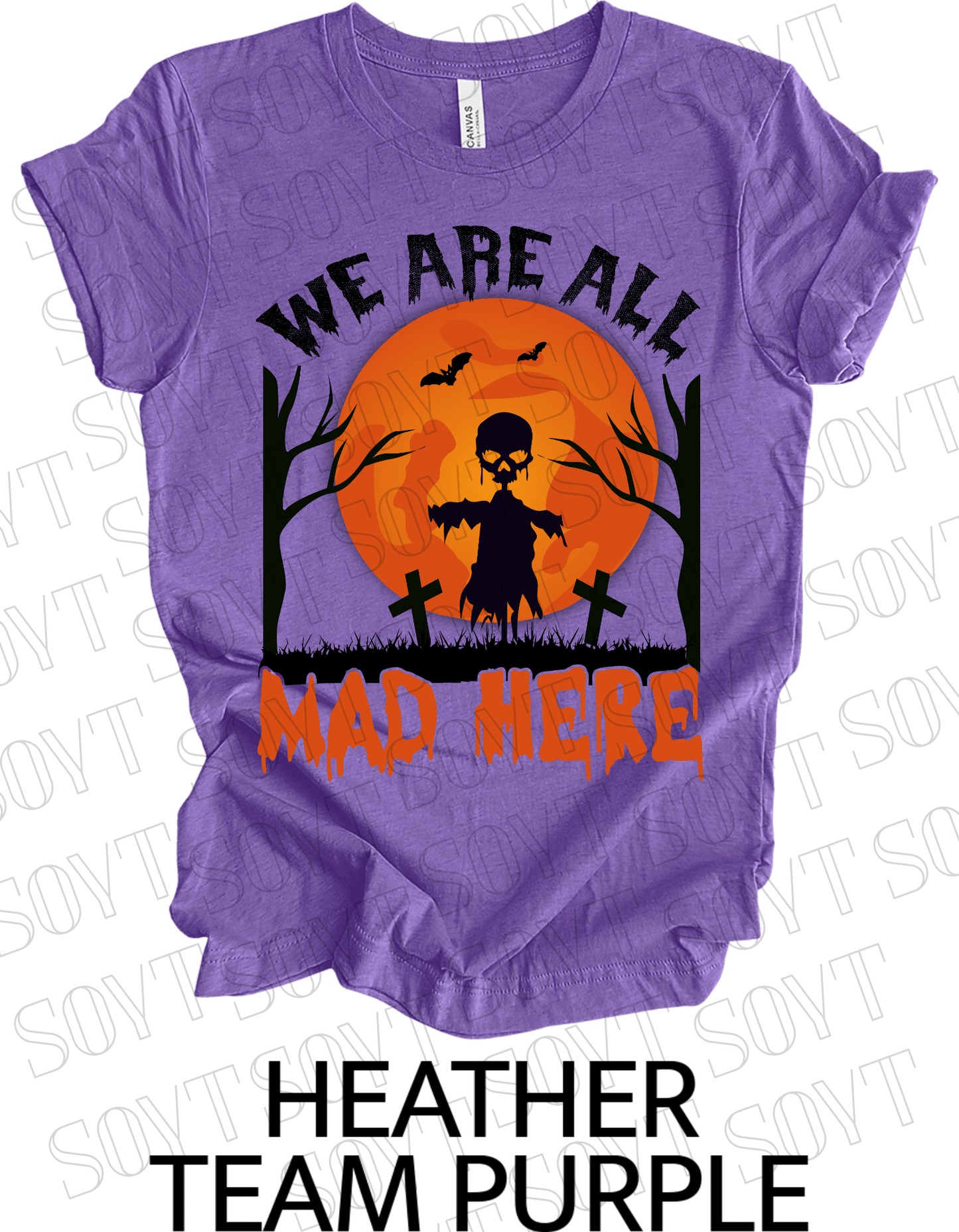 "We Are All Mad Here" Halloween T-Shirt – Scarecrow Skull & Orange Moon Gothic Tee - Festive Apparel StoreHeather Purple