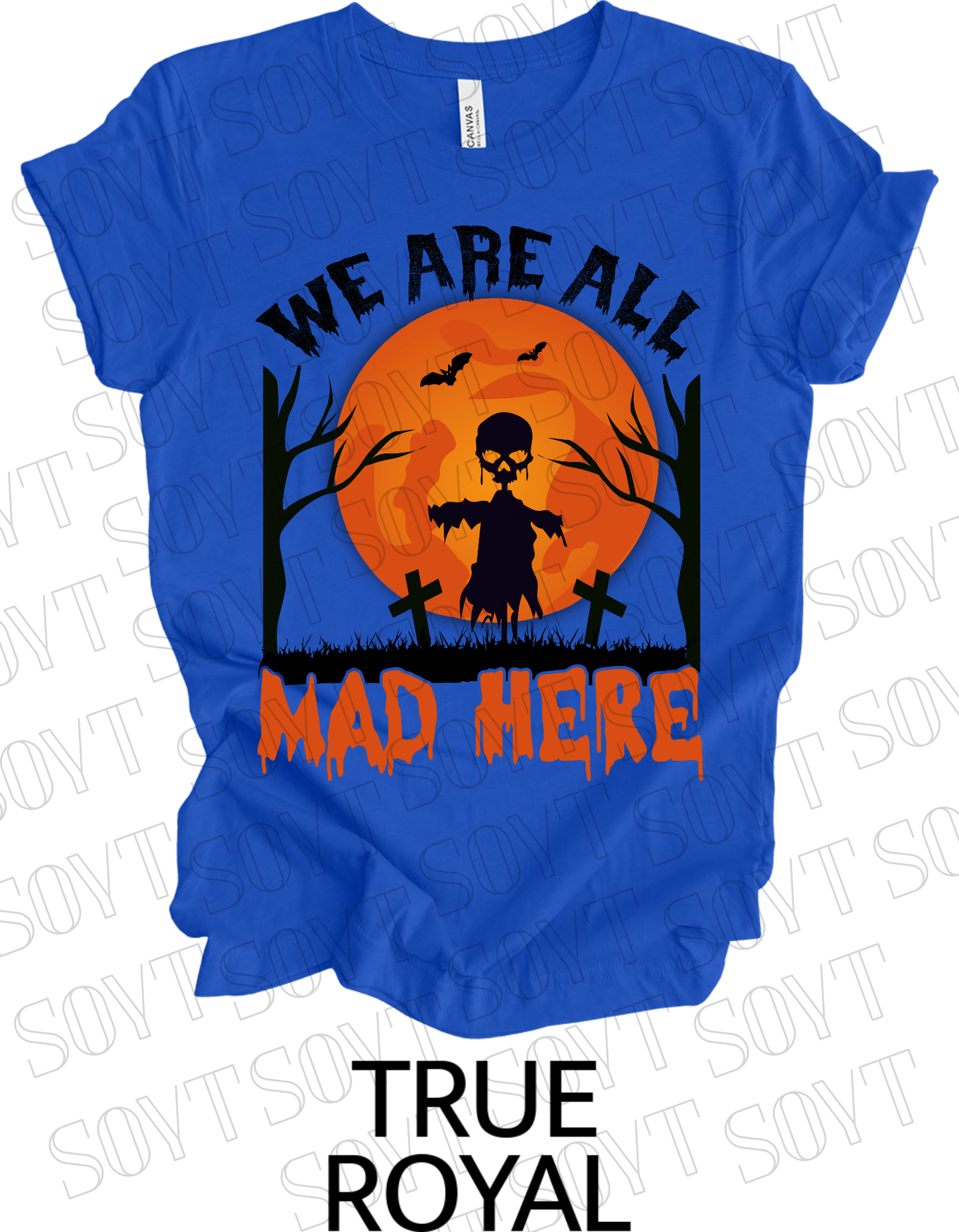 "We Are All Mad Here" Halloween T-Shirt – Scarecrow Skull & Orange Moon Gothic Tee - Festive Apparel StoreRoyal Blue