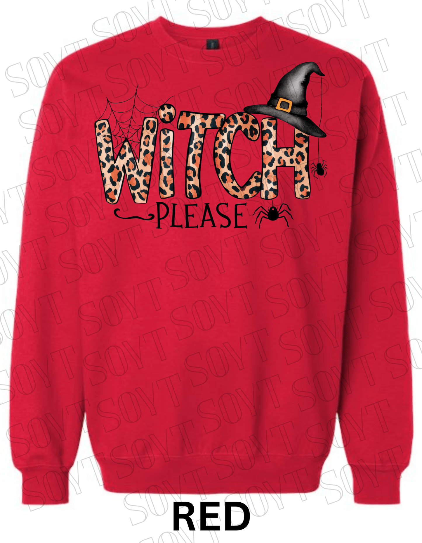 Witch, Please Halloween Sweatshirt – Leopard Print Letters, Spider Web & Witch Hat Pullover - Festive Apparel StoreRed