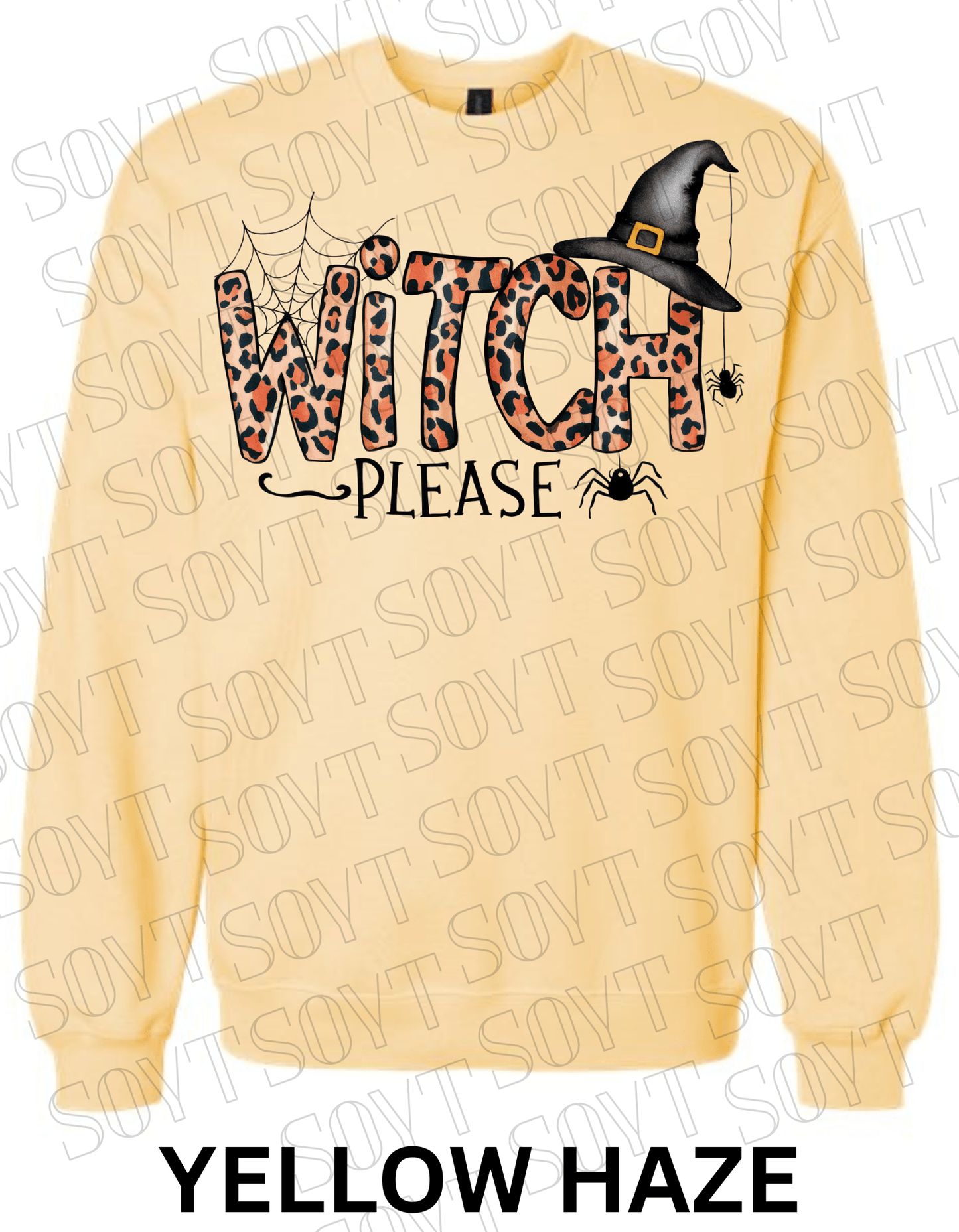 Witch, Please Halloween Sweatshirt – Leopard Print Letters, Spider Web & Witch Hat Pullover - Festive Apparel StoreYellow Haze