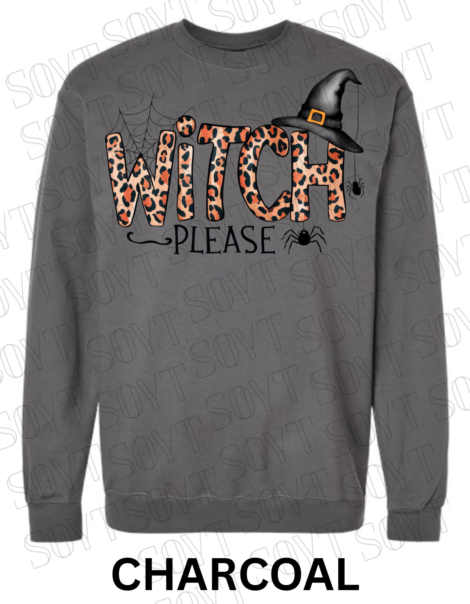 Witch, Please Halloween Sweatshirt – Leopard Print Letters, Spider Web & Witch Hat Pullover - Festive Apparel StoreCharcoal