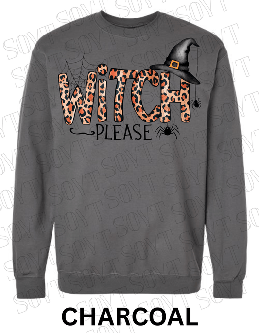 Witch, Please Halloween Sweatshirt – Leopard Print Letters, Spider Web & Witch Hat Pullover - Festive Apparel StoreCharcoal
